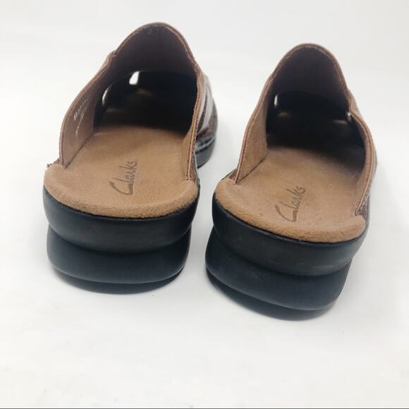 Clarks Brown Tan Leather Huarache Woven Comfort Slides Sandals shoes womens 6 - Picture 7 of 10